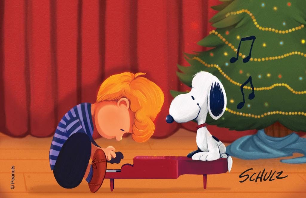 A drawing of Charles Schulz' Peanuts characters Schroeder and Snoopy at the piano.