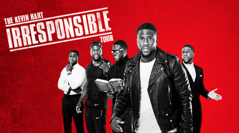 A promotional photo of Kevin Hart superimposed over a red background.