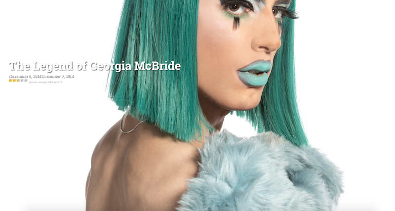 Promotional photo of drag queen Georgia McBride, wearing a green wig and green lipstick. 