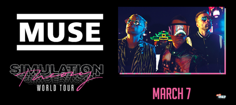 A promotional graphic for the tour, showing the three members of Muse.