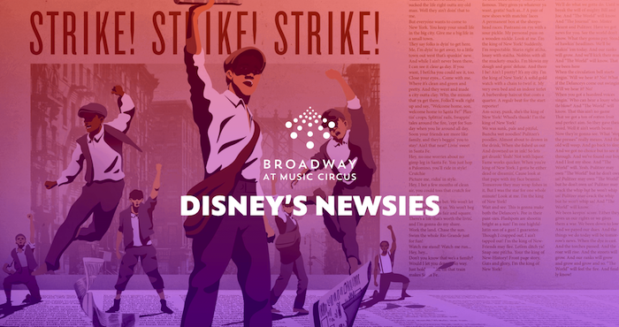 A graphic depicting newsies dancing with raised fists.