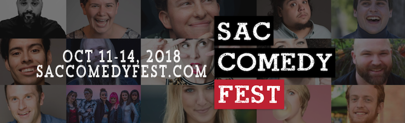Promotional graphic for the Sacramento Comedy Festival shwoing a matrix of photos of individual comics performing at the festival.