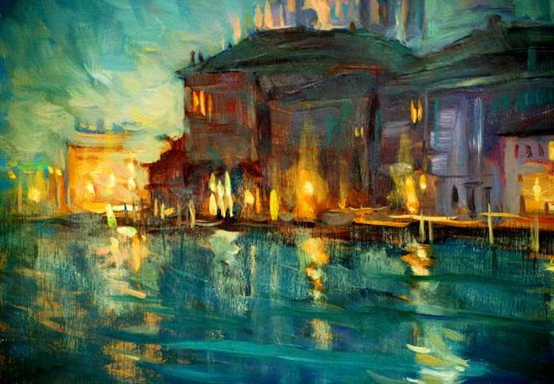 An oil painting of an Italianate building on the water.