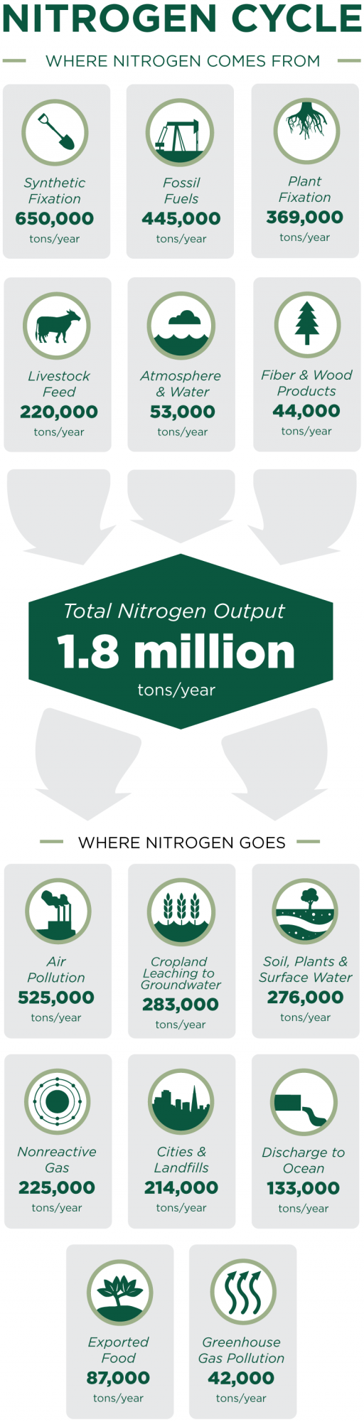 Nitrogen Cycle - The main source of nitrogen in California is Synthetic Fixation via fertilizer at 650,000 tons/year, other sources include fossil fuels and plant fixation - total output per year is 1.8 million tons - most of this becomes air pollution to the tune of 525,000 tons per year, other destinations include - groundwater, landfills, food, and greenhouse gases
