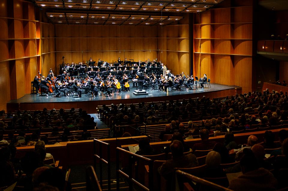 A photo of the orchestra on stage.