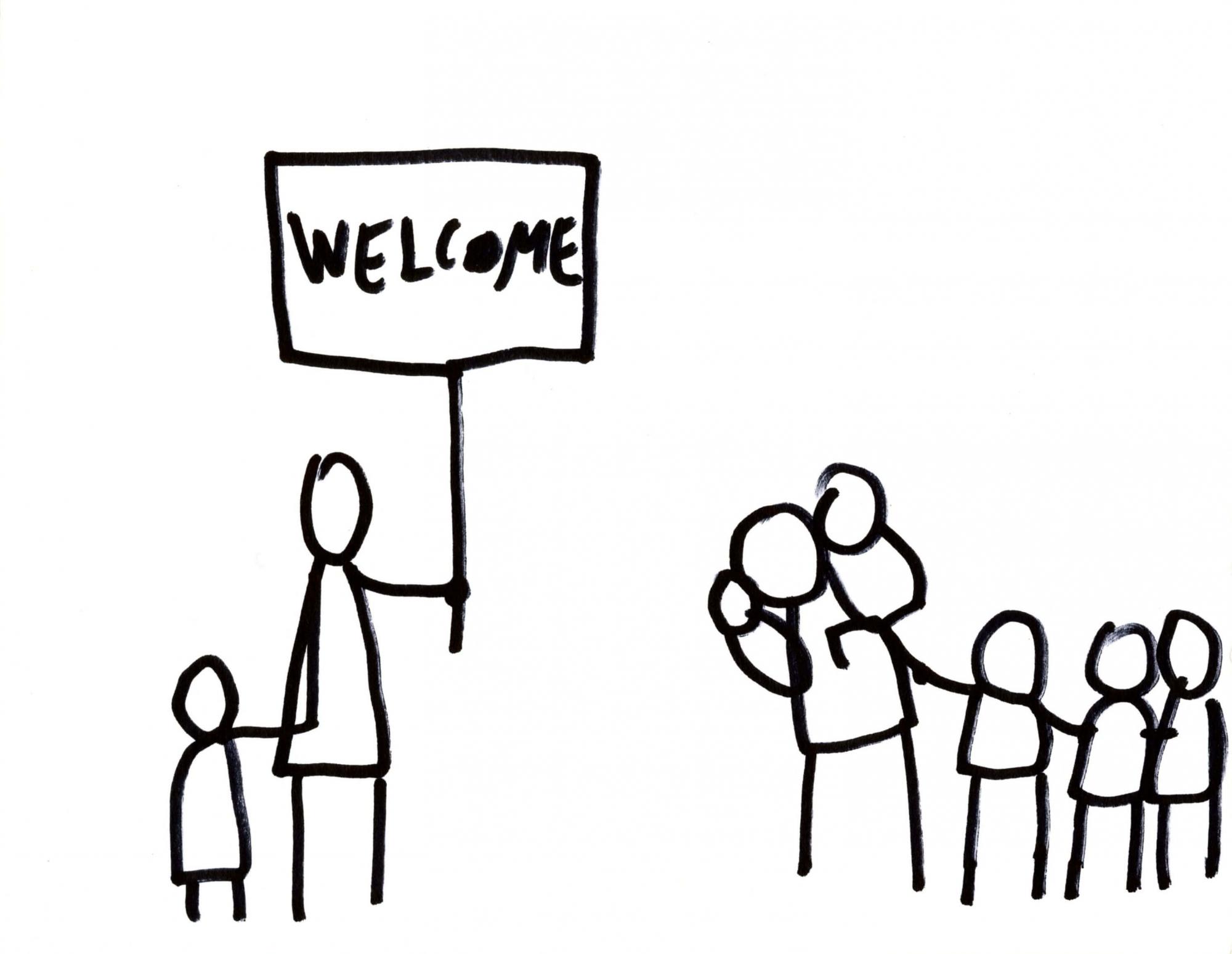 Stick figure drawing depicting and adult and child stading on the left and holding a sign saying "Welcome!" and an adult and four children (one of them on the adult's back) walking toward the other two.