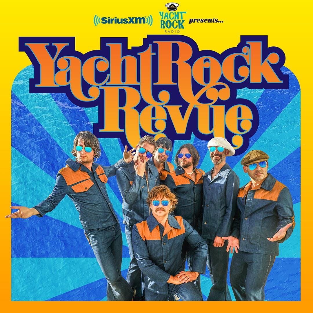 A 1970's themed graphic showing the members of Yacht Rock revue wearing orange and blue denim leisure suits and aviator sunglasses.